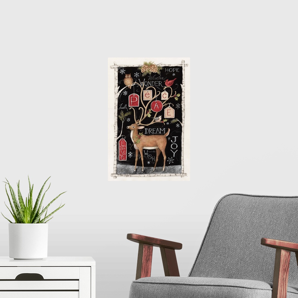 A modern room featuring A winter deer is the featured motif in this woodland scene.