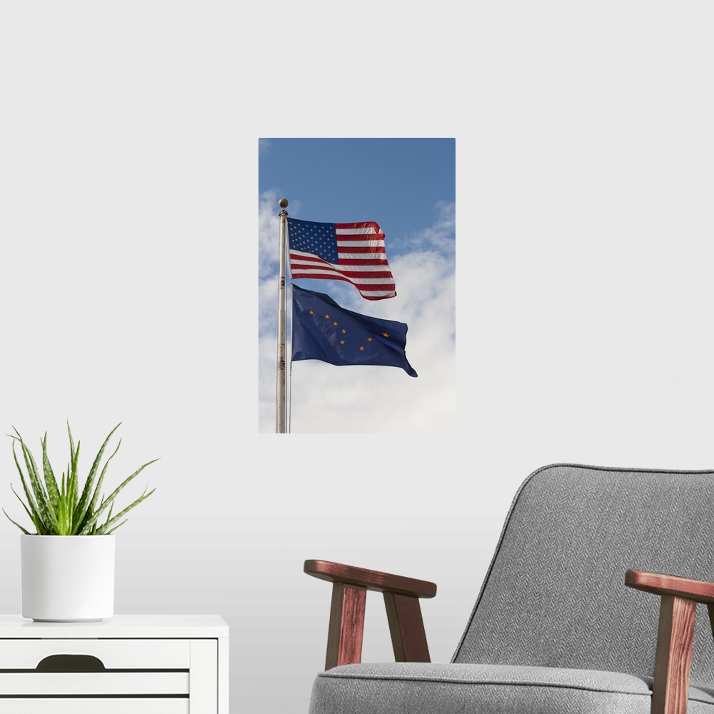 A modern room featuring USA, North America, Alaska, Kodiak, US and Alaska Flags.