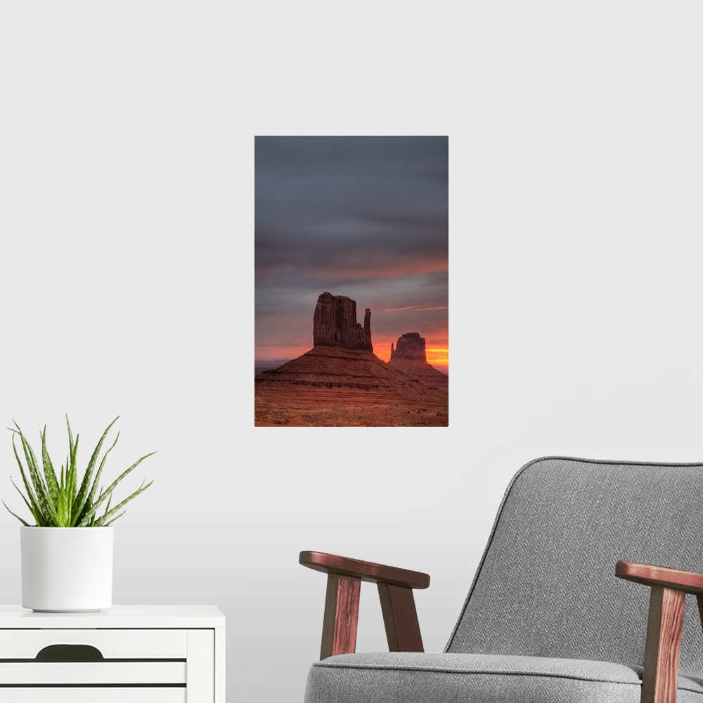 A modern room featuring Arizona, Monument Valley, The Mittens, at sunrise.