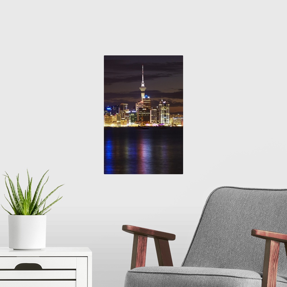 A modern room featuring Auckland CBD, Skytower, and Waitemata Harbour, North Island, New Zealand.