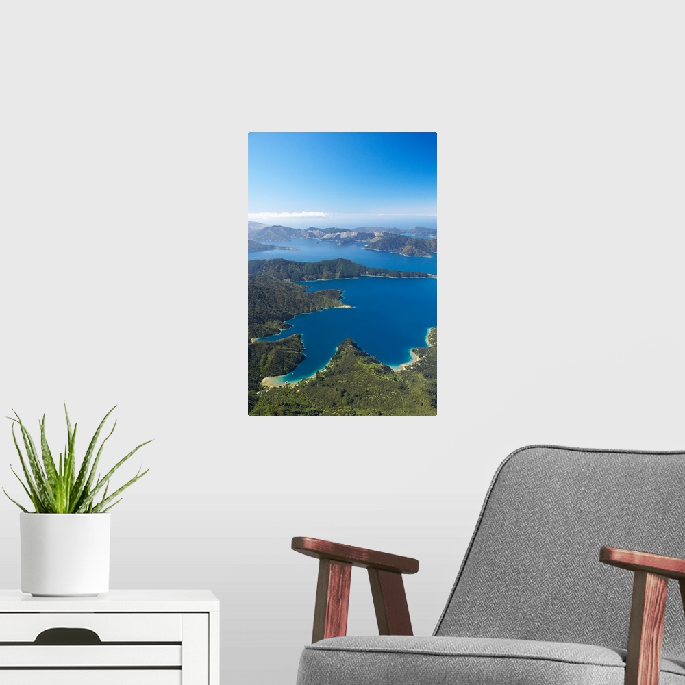 A modern room featuring Bay of Many Islands, Queen Charlotte Sound, Marlborough Sounds, South Island, New Zealand - aerial
