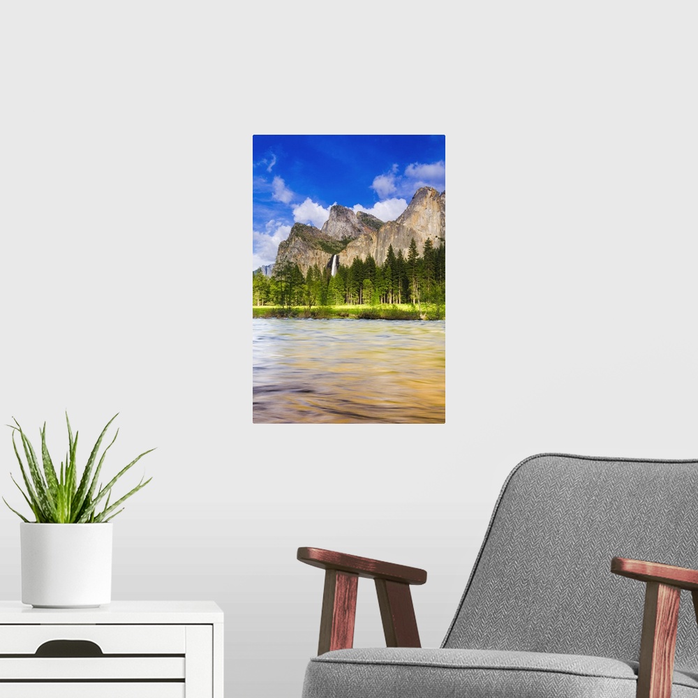 A modern room featuring Bridalveil Fall and the Leaning Tower, Yosemite National Park, California USA
