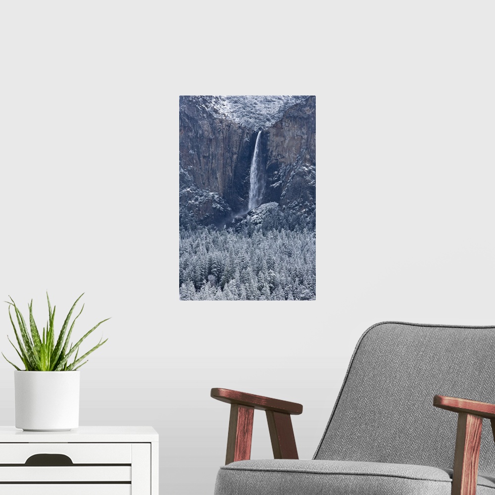 A modern room featuring Bridalveil Fall and Yosemite valley after a snow storm, Yosemite National Park, California.