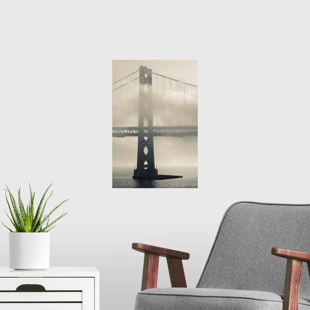 A modern room featuring USA, California, San Francisco, Embarcadero, Bay Bridge in fog