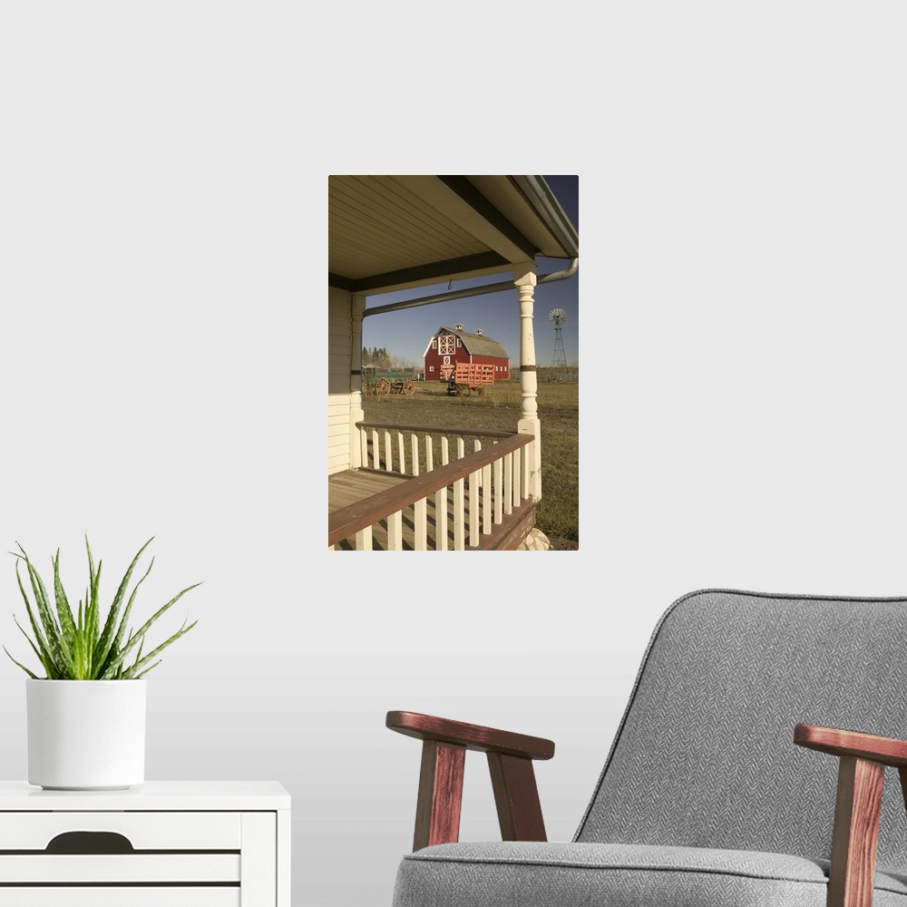 A modern room featuring Canada, Alberta, Front Porch of Historic House Looking Towards Barn