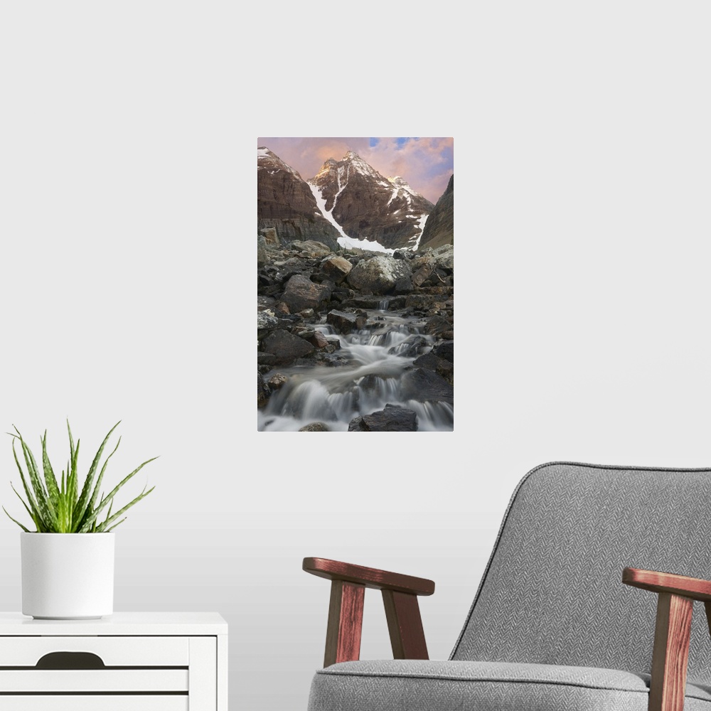 A modern room featuring Canada, British Columbia, Yoho National Park. Sunrise over small rapids and Cathedral Mountain. C...