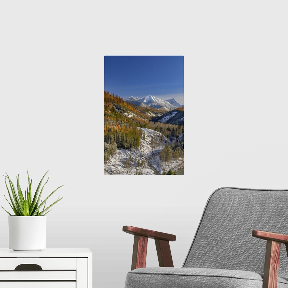A modern room featuring Coal Creek with Cloudcroft Peaks in late autumn in Glacier National Park, Montana, USA.