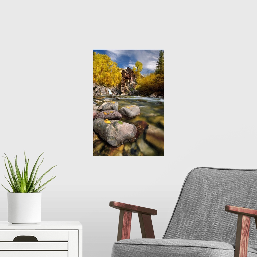 A modern room featuring Fall at the crystal mill near marble, Colorado in the Rocky Mountains.