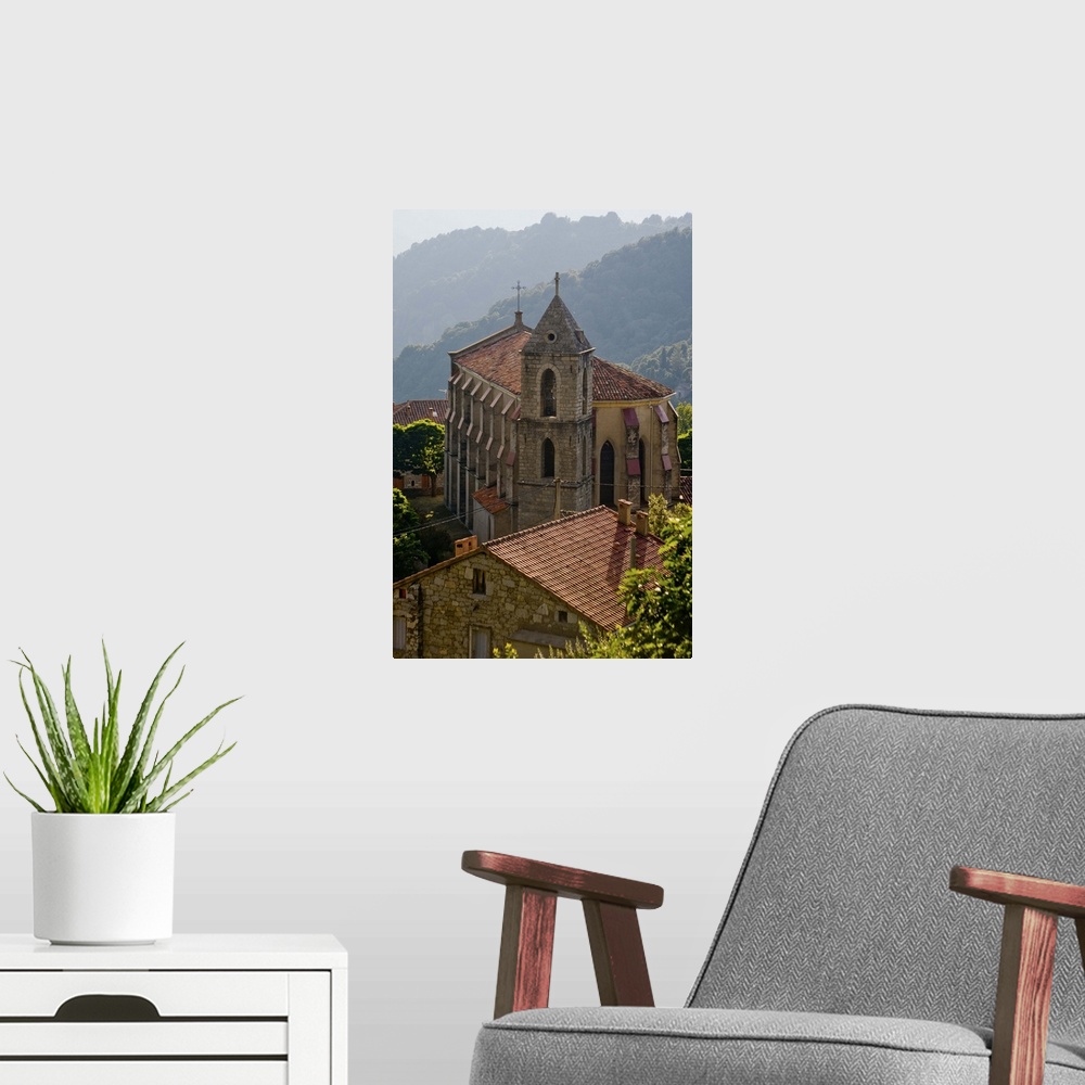 A modern room featuring France, Corsica, Church And House In Mountain Village Of Zicavo