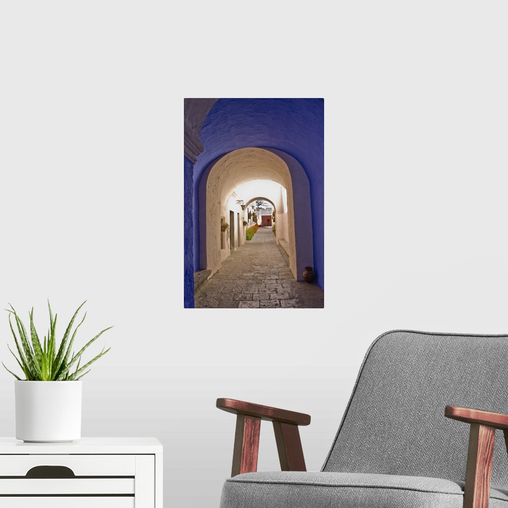 A modern room featuring Graceful archways of Monasterio Santa Catalina in the "White City" of Arequipa, Peru.