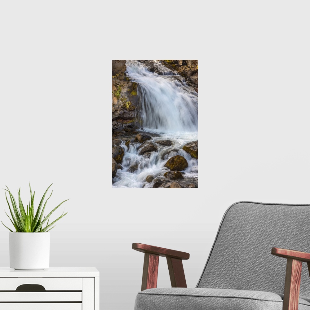 A modern room featuring Iceland contains an abundance of beautiful waterfalls.