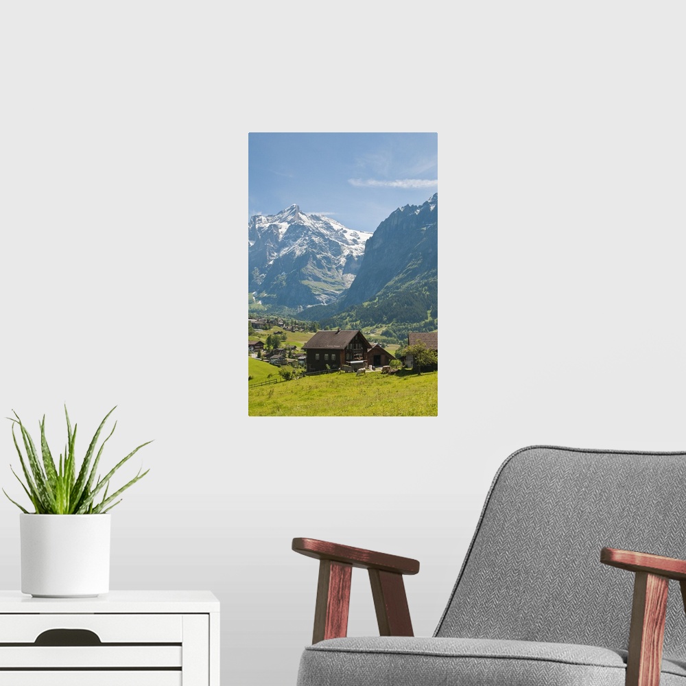A modern room featuring Jungfrau Region, Switzerland.  Grindelwald Valley below the Wetterhorn.