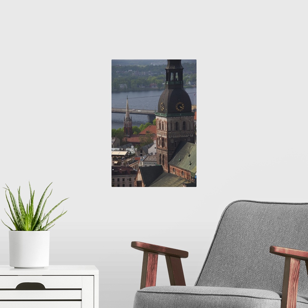 A modern room featuring Latvia, Riga, Old Riga, Vecriga, elevated view of Dome Cathedral from St. Peter's Lutheran Church...
