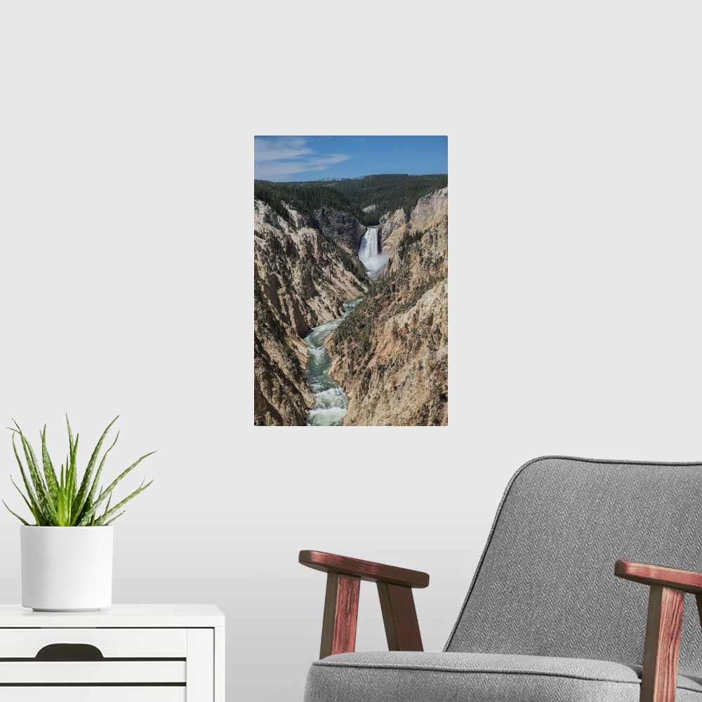 A modern room featuring Lower Yellowstone Falls, Grand Canyon of the Yellowstone, Yellowstone National Park, Wyoming, USA.