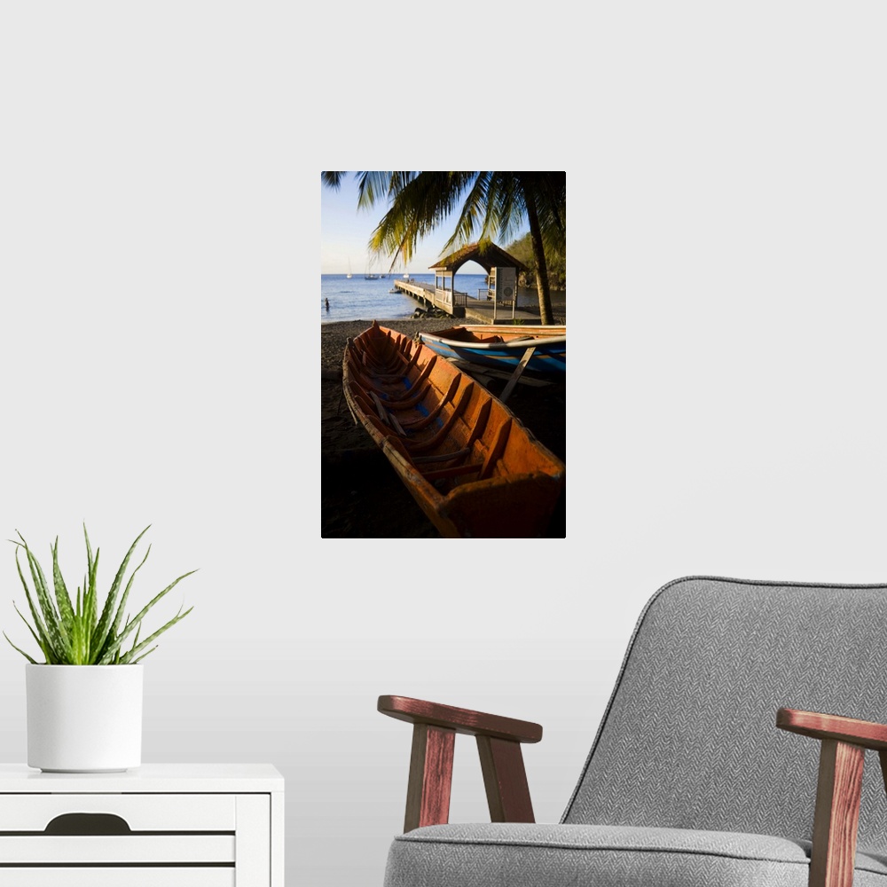 A modern room featuring MARTINIQUE. French Antilles. West Indies. Fishing boat on beach at Anse Dufour.