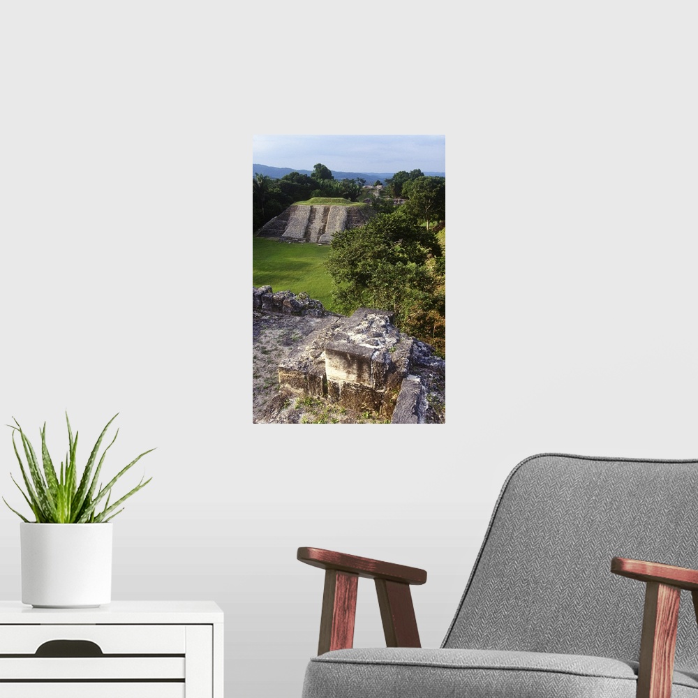 A modern room featuring Mayan ruins at Altun Ha, Belize, Central America.
