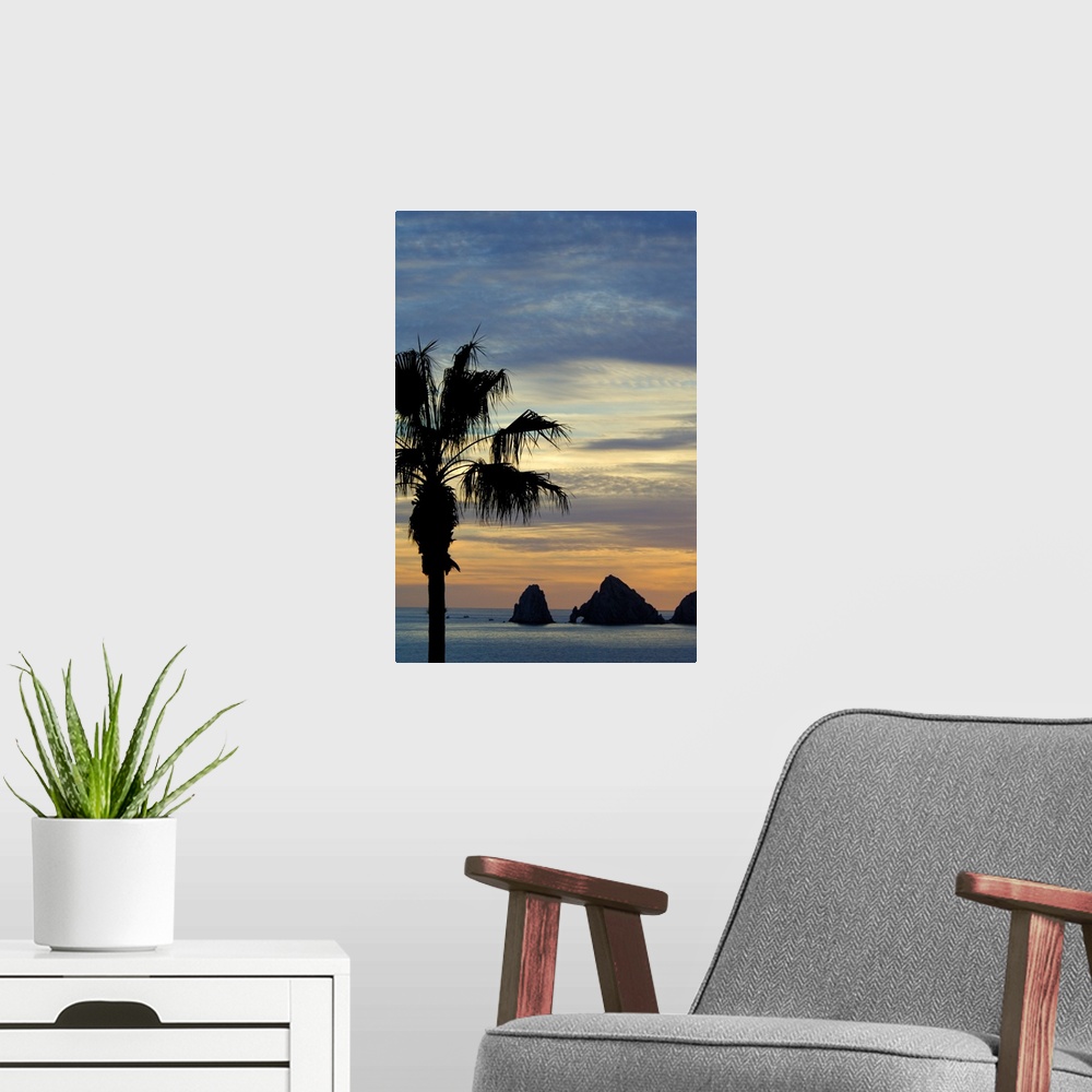 A modern room featuring North America, Mexico, Baja California Sur, Cabo San Lucas. Baja sunset palm with famous rock for...