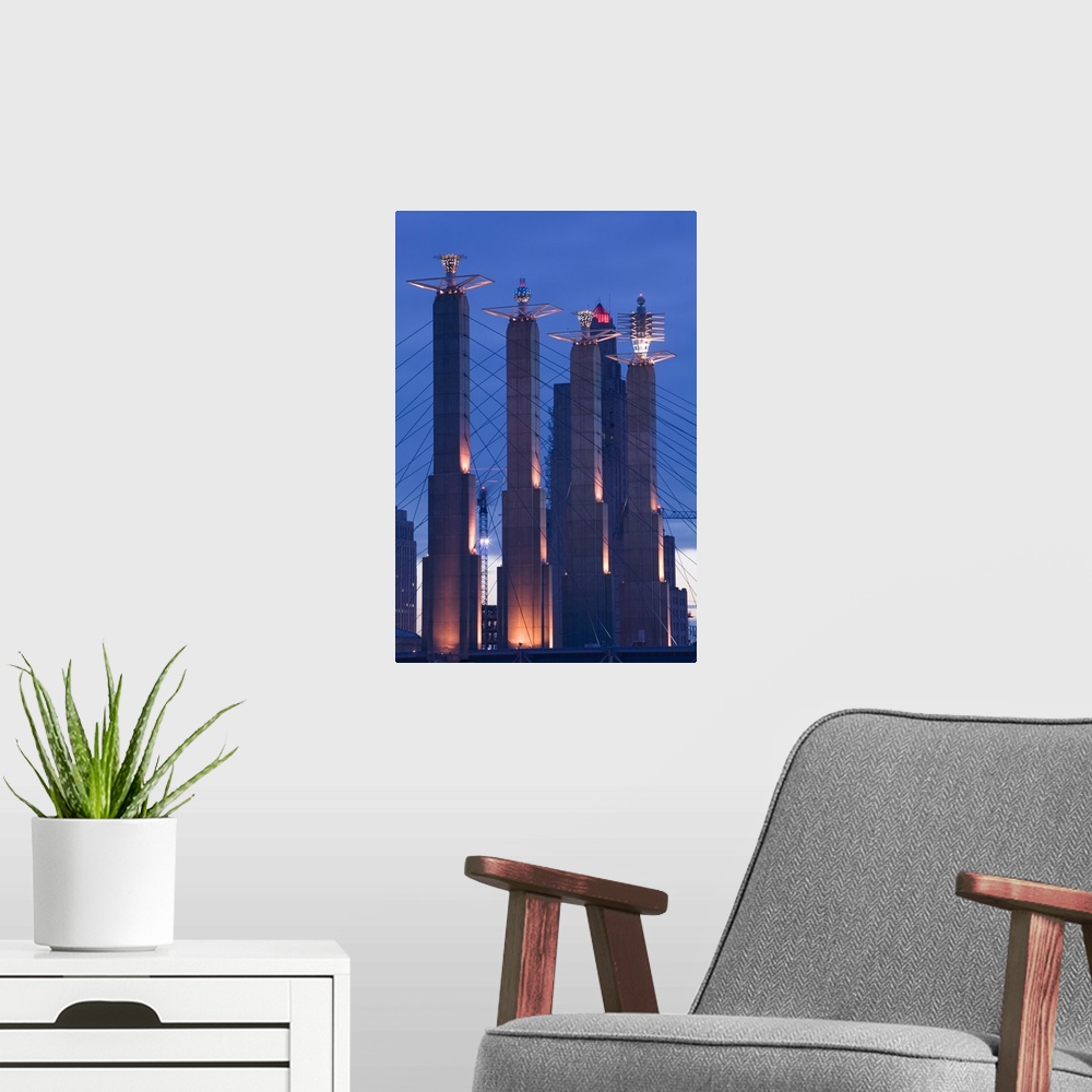A modern room featuring USA-MISSOURI-Kansas City:.Towers of the Kansas City Convention Center.before dawn