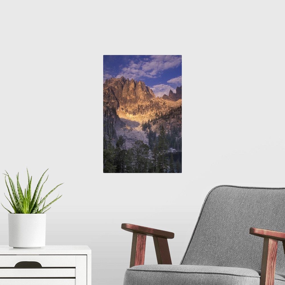 A modern room featuring Monte Verita Peak, Long Mountain, and Warbonnet Peak above Upper Baron Lake in the Sawtooth Wilde...
