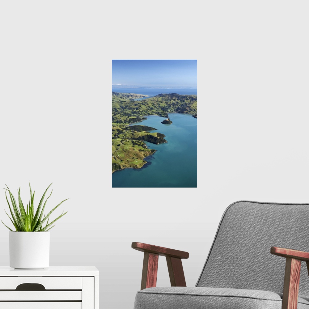 A modern room featuring Akaroa Harbour, Banks Peninsula, Canterbury, South Island, New Zealand- aerial