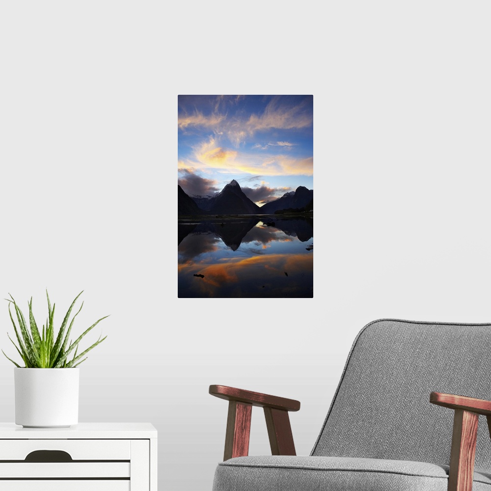 A modern room featuring New Zealand, South Island, Fiordland, Sunset, Mitre Peak, Milford Sound, Fiordland National Park