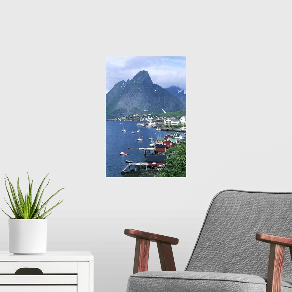 A modern room featuring Norway, Lofoten Islands, Moskenesoya Island, Reine, above Arctic Circle, traditional fishing and ...