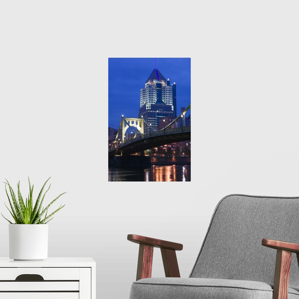A modern room featuring Pennsylvania, Pittsburgh, Downtown View from Allegheny Landing by 6th Street Bridge, Dawn.