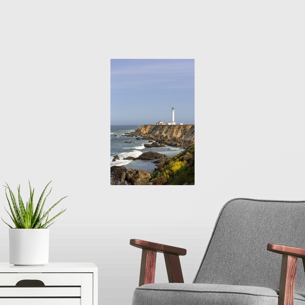 A modern room featuring Point Arena lighthouse on cliffs over the Pacific Ocean near Point Arena, California, USA