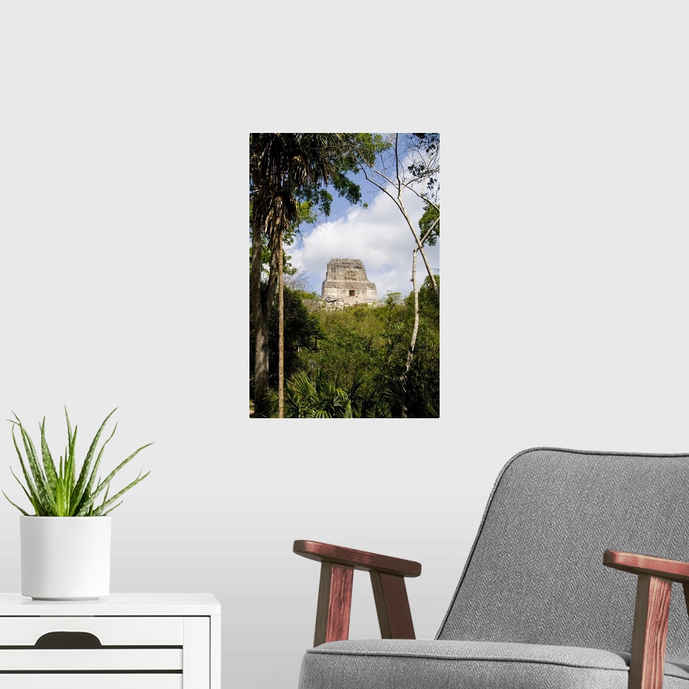 A modern room featuring Tower IV, the tallest ruin in the Americas at the famous Mayan Ruins in the Gran Plaza, showing t...