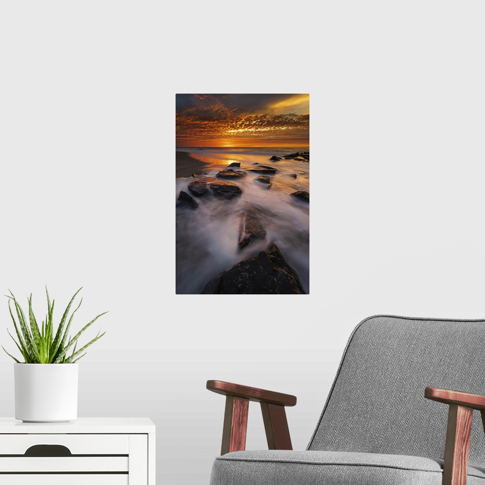 A modern room featuring USA, New Jersey, Cape May National Seashore. Sunrise on ocean shore. United States, New Jersey.