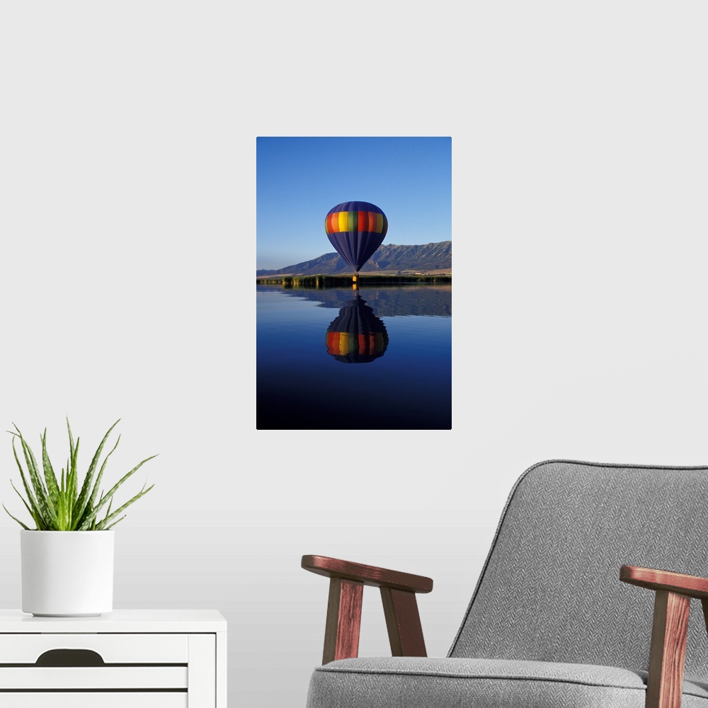 A modern room featuring Utah, Cache Valley, Hot air balloon on Logan River Marshes at sunrise.