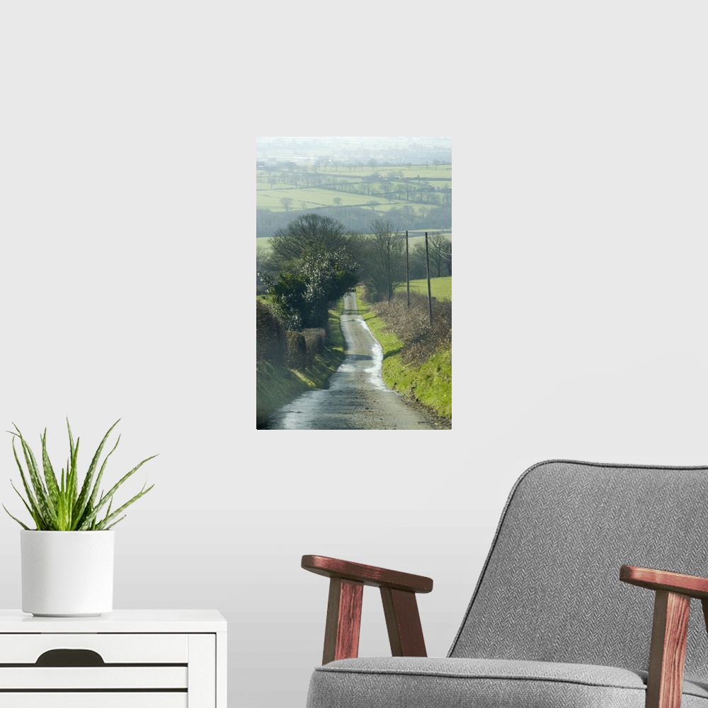 A modern room featuring Wales, narrow road leading down hillside in spring