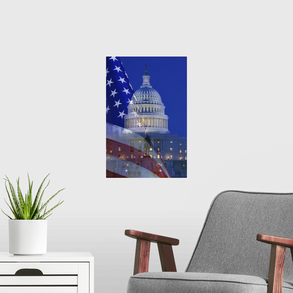A modern room featuring USA, Washington, DC. Digital composite of American flag superimposed over  US Capitol building.