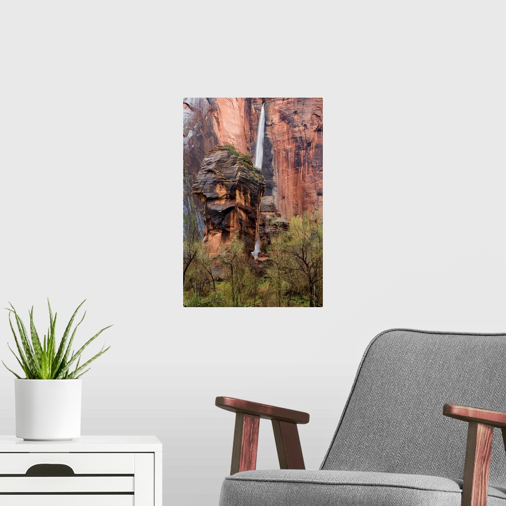 A modern room featuring Waterfall thunders down near the Temple of Sinawava in Zion National Park in Utah.