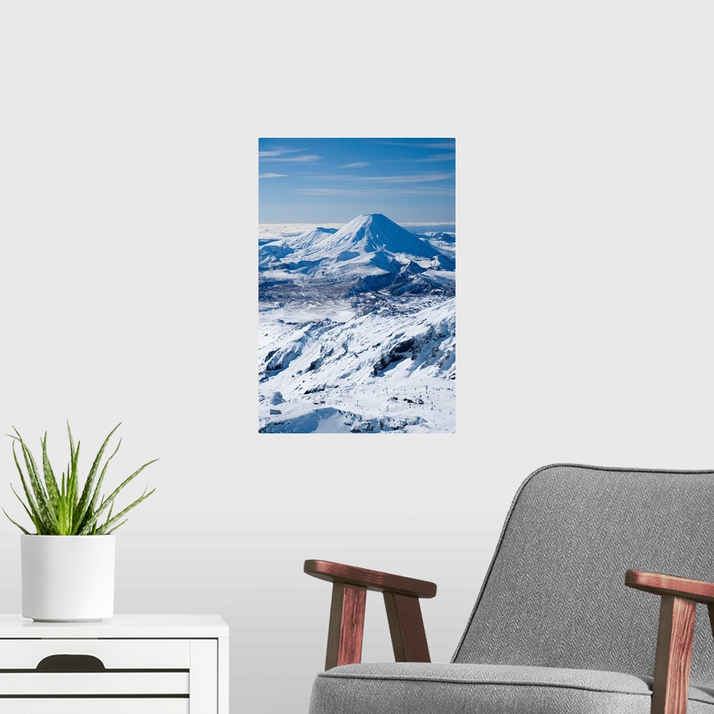 A modern room featuring Whakapapa Skifield on Mt Ruapehu, and Mt Ngauruhoe (distance) Tongariro National Park, Central Pl...