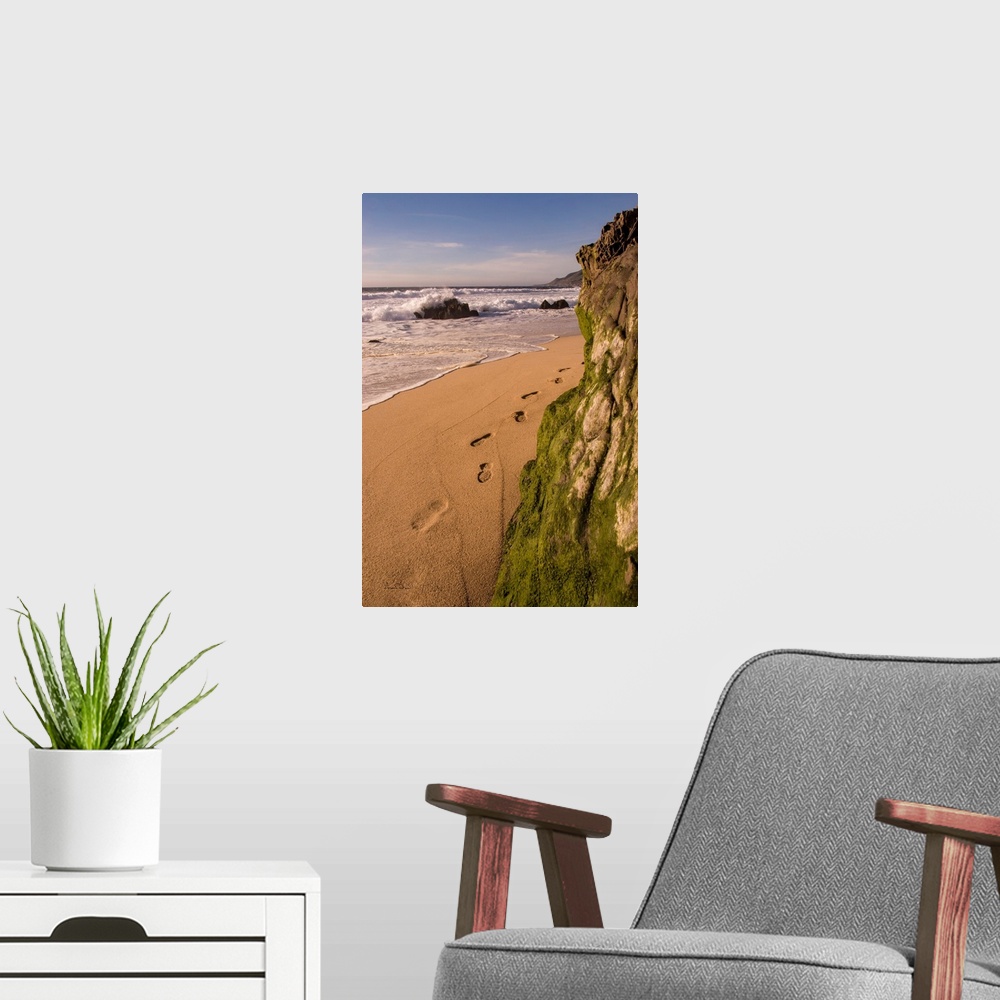 A modern room featuring Footprints and sand beach along the California Coast, Garapata Beach, California, USA.