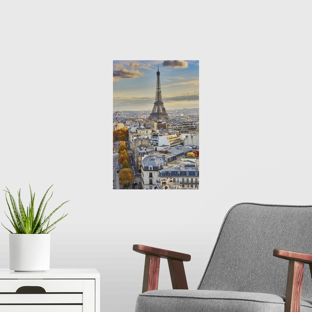A modern room featuring Aerial Panoramic Cityscape View Of Paris, France With The Eiffel Tower On A Fall Day