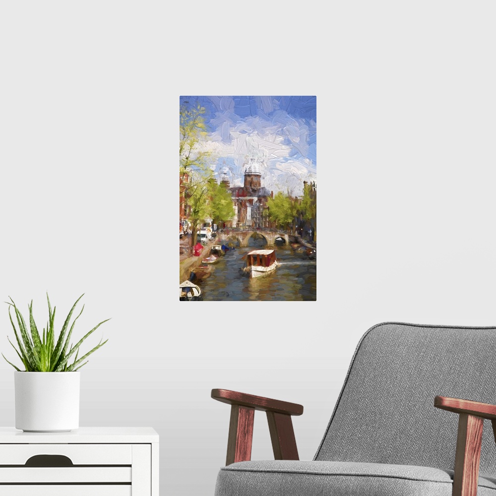 A modern room featuring Famous Amsterdam city in Holland, artwork in a painting style.