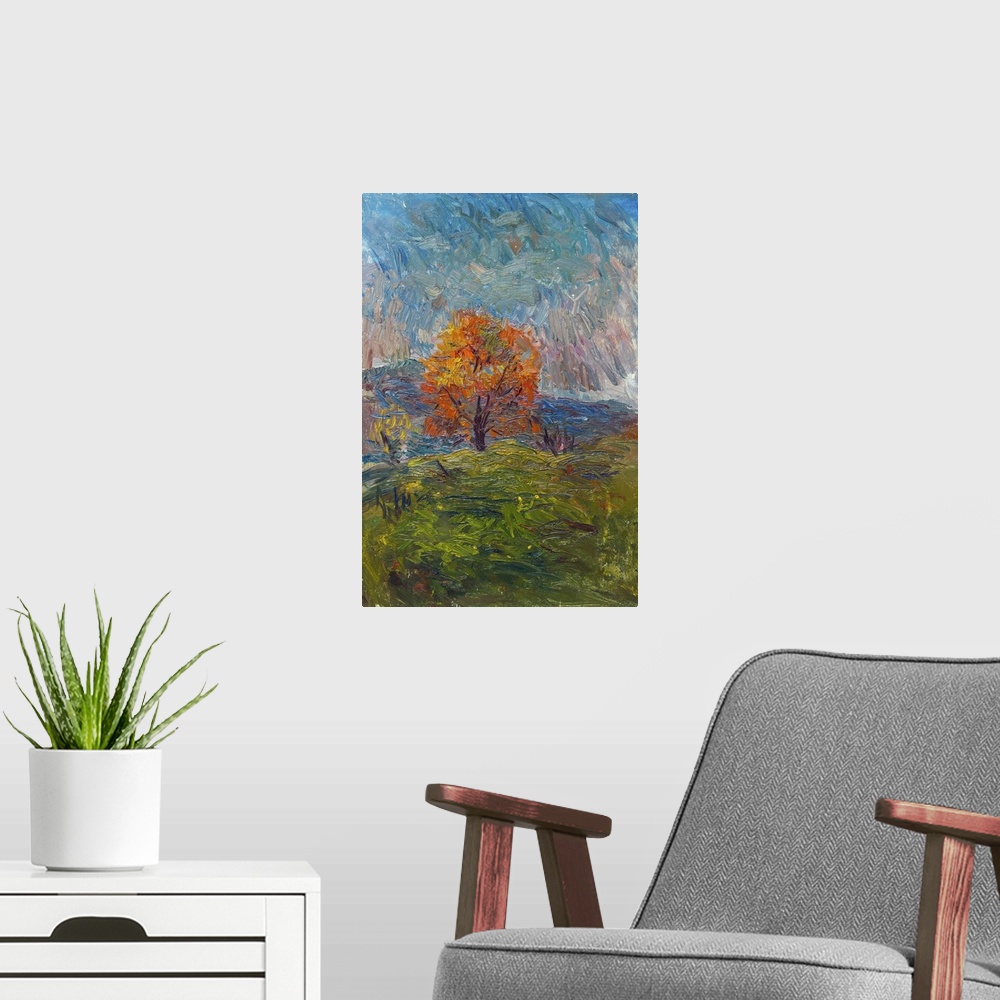 A modern room featuring Originally an oil painting of autumn landscape. Orange tree on a cloudy morning on the background...