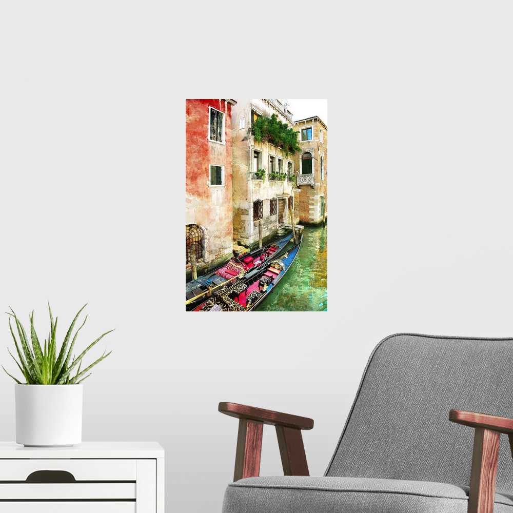 A modern room featuring Beautiful Venetian pictures - oil painting style.