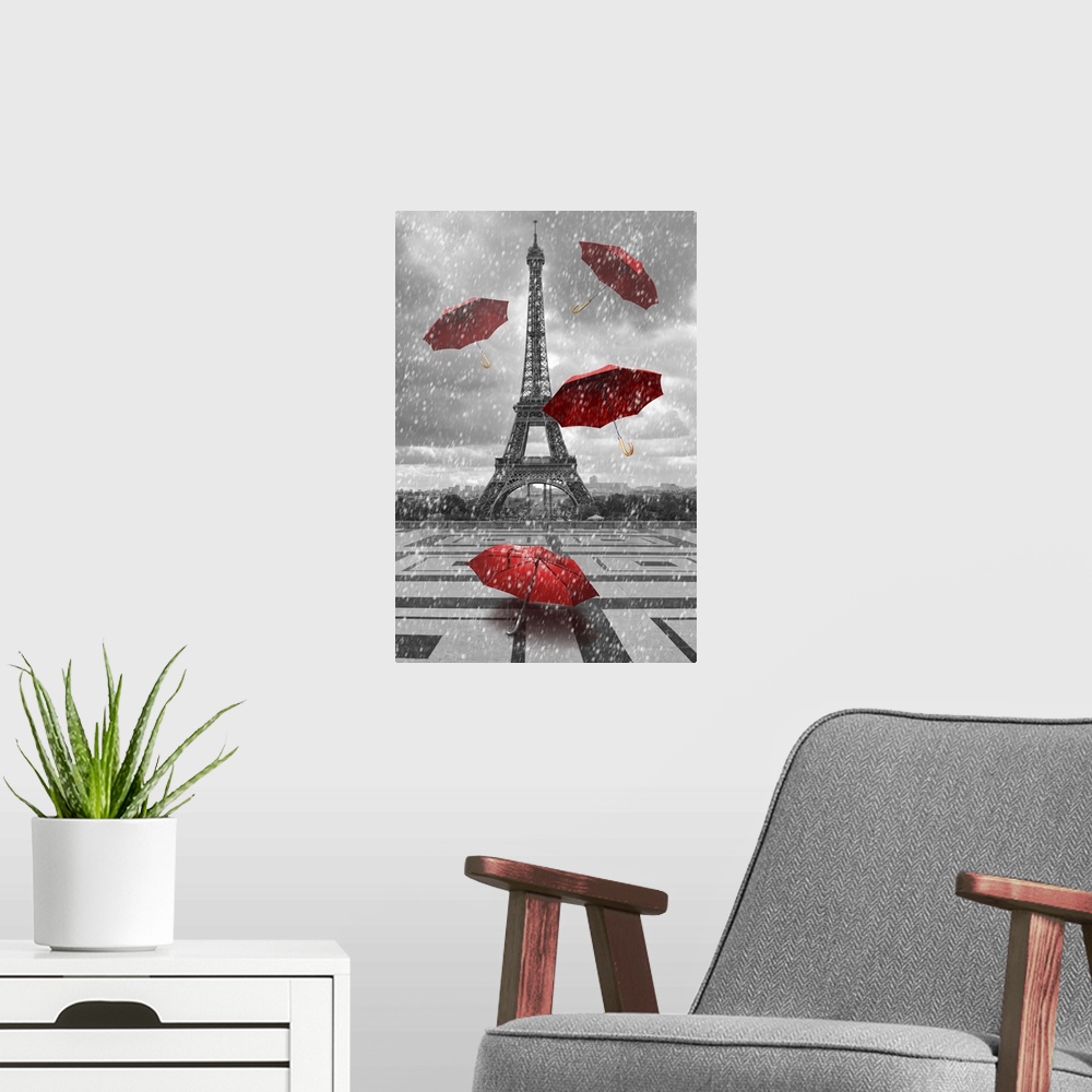 A modern room featuring Eiffel tower with flying umbrellas. Black and white with red element.