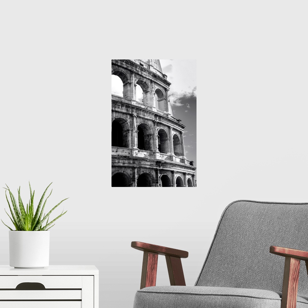 A modern room featuring Great colosseum, Rome, Italy. Black and white photo.