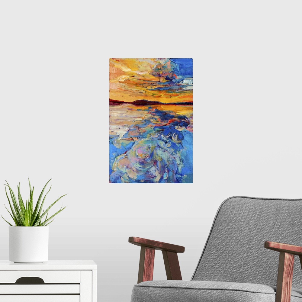 A modern room featuring Originally an oil painting of sea and sky on canvas. Sunset over ocean. Modern impressionism.