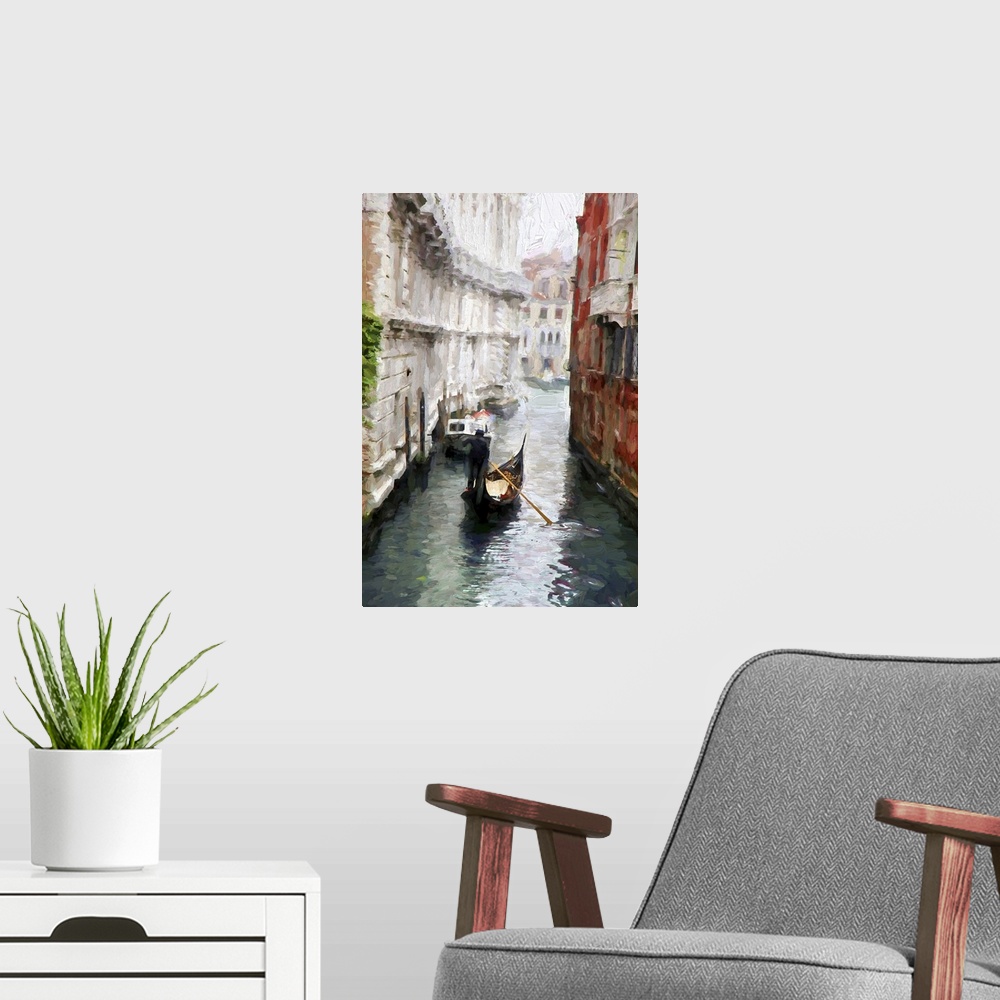 A modern room featuring Venice with gondolas on grand canal, Italy. Originally an oil painting.