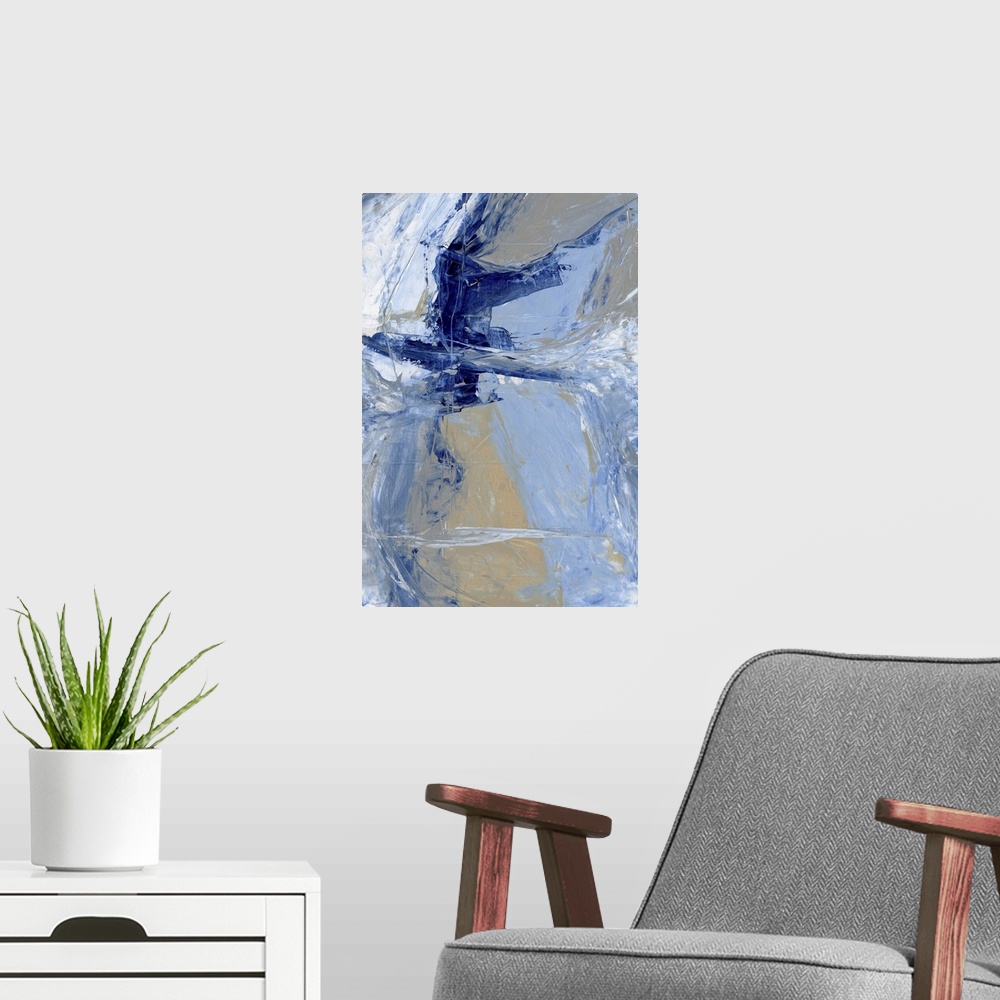 A modern room featuring A contemporary abstract painting using various blue tones in aggressive strokes.