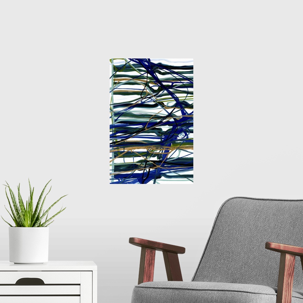 A modern room featuring A contemporary abstract painting using dark blue tones in splattered and horizontal stroke patterns.