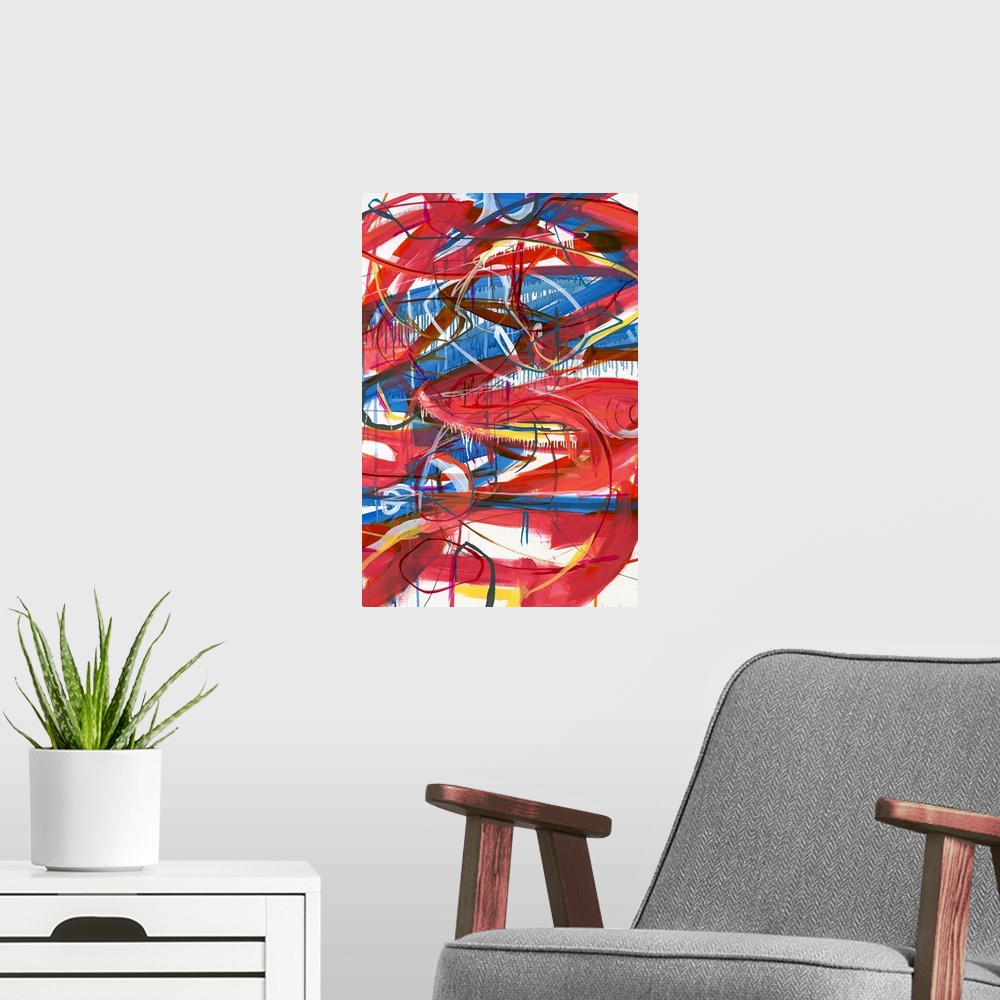 A modern room featuring Large abstract painting with red, blue, magenta, yellow, orange, and white lines varying in size ...