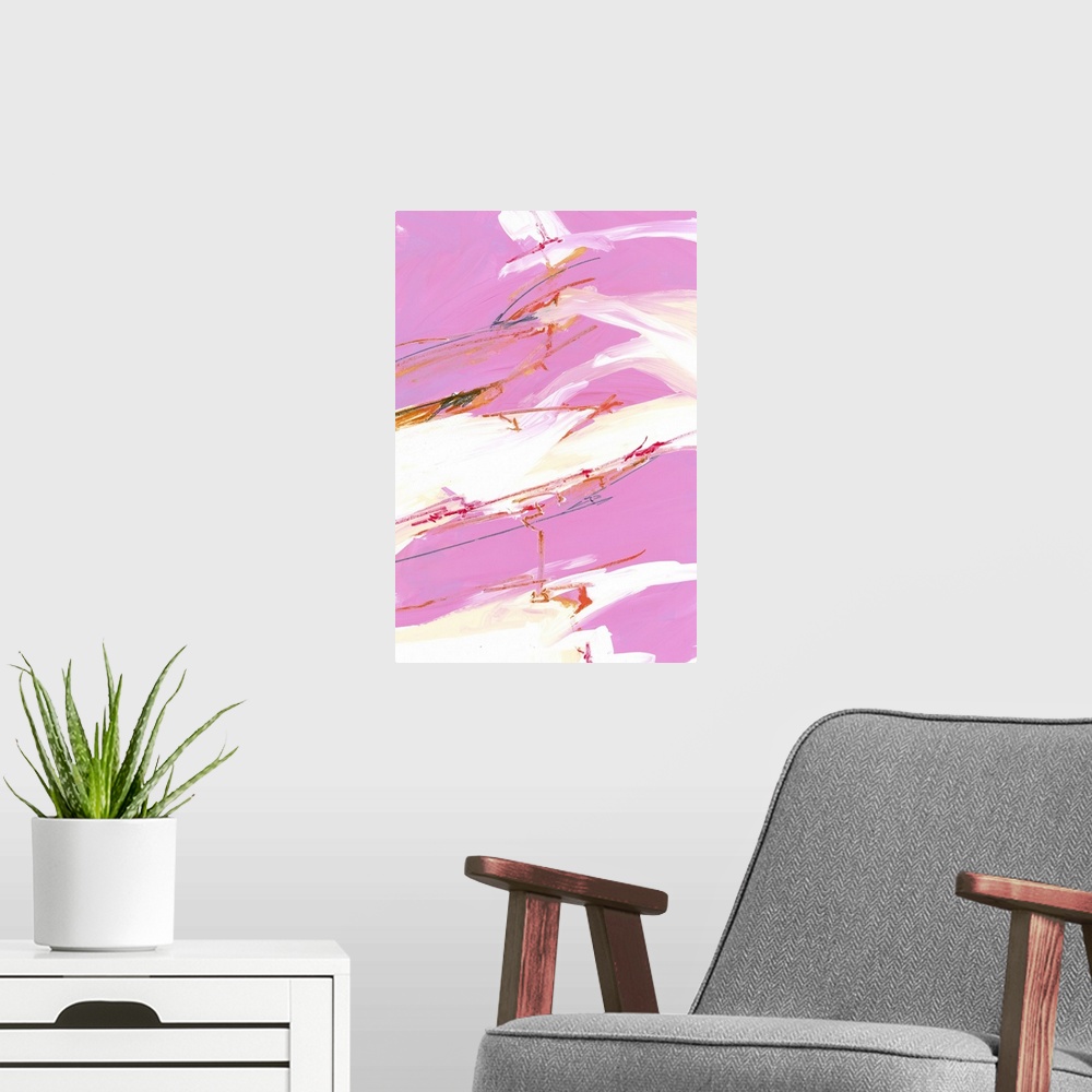 A modern room featuring Contemporary abstract painting in vibrant pink and white tones.