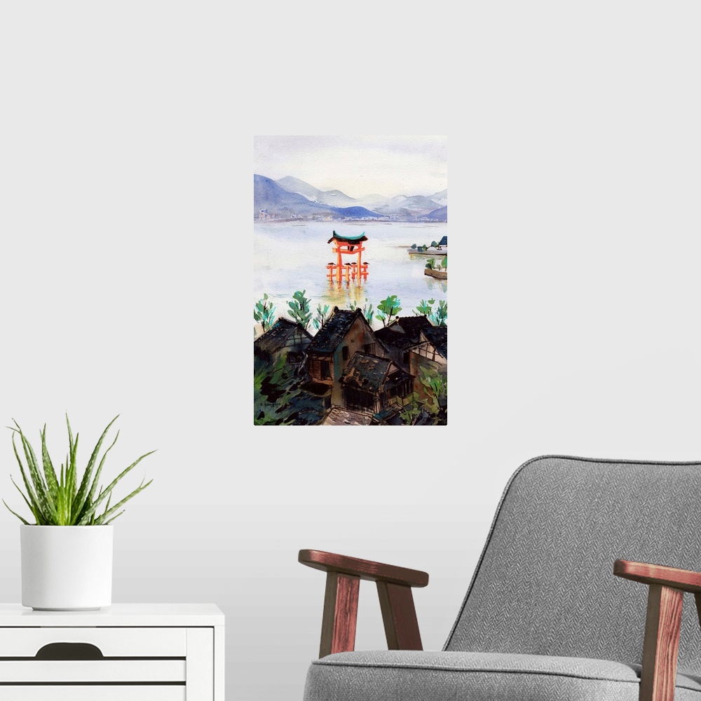 A modern room featuring Watercolor and acrylic painting of one of the most famous scenes of Japan, the magnificent vermil...