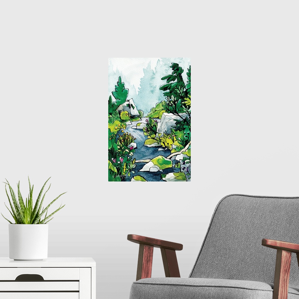 A modern room featuring On a hike near Mount Rainier's Wonderland Trails, the artist stopped by a stream to sketch the in...